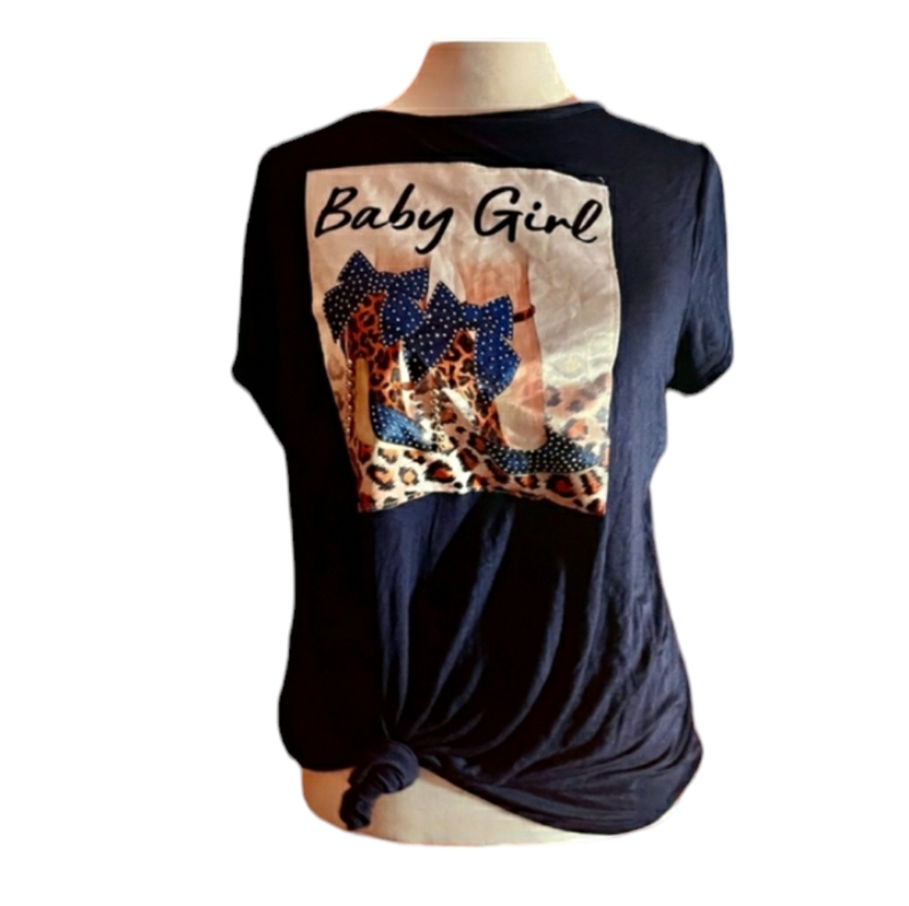 "Baby Girl" Blue Graphic Tee Shirt with Animal Print Shoe Design size M